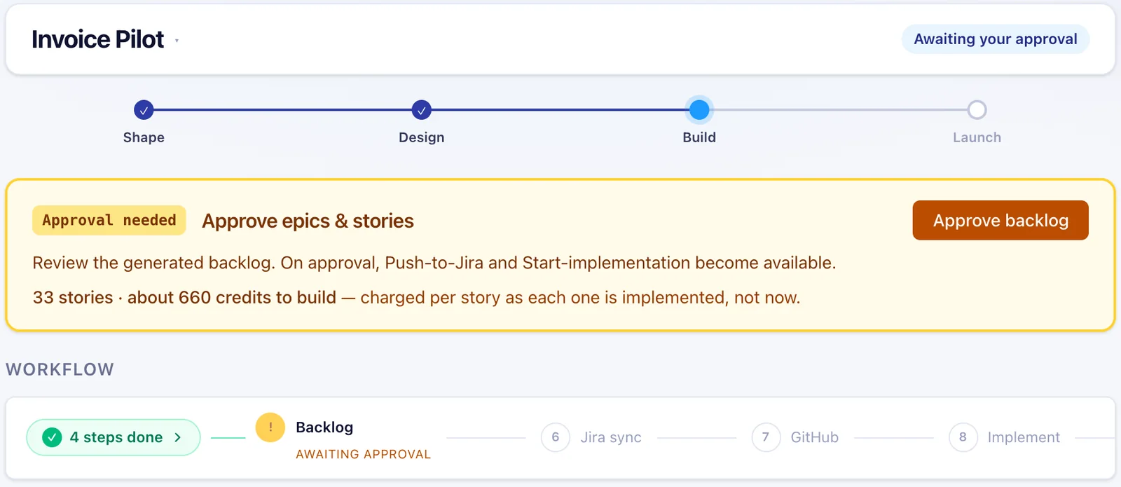 A project page showing progress through shape, design, build and launch, with an approval-needed card stating what happens next and what it will cost