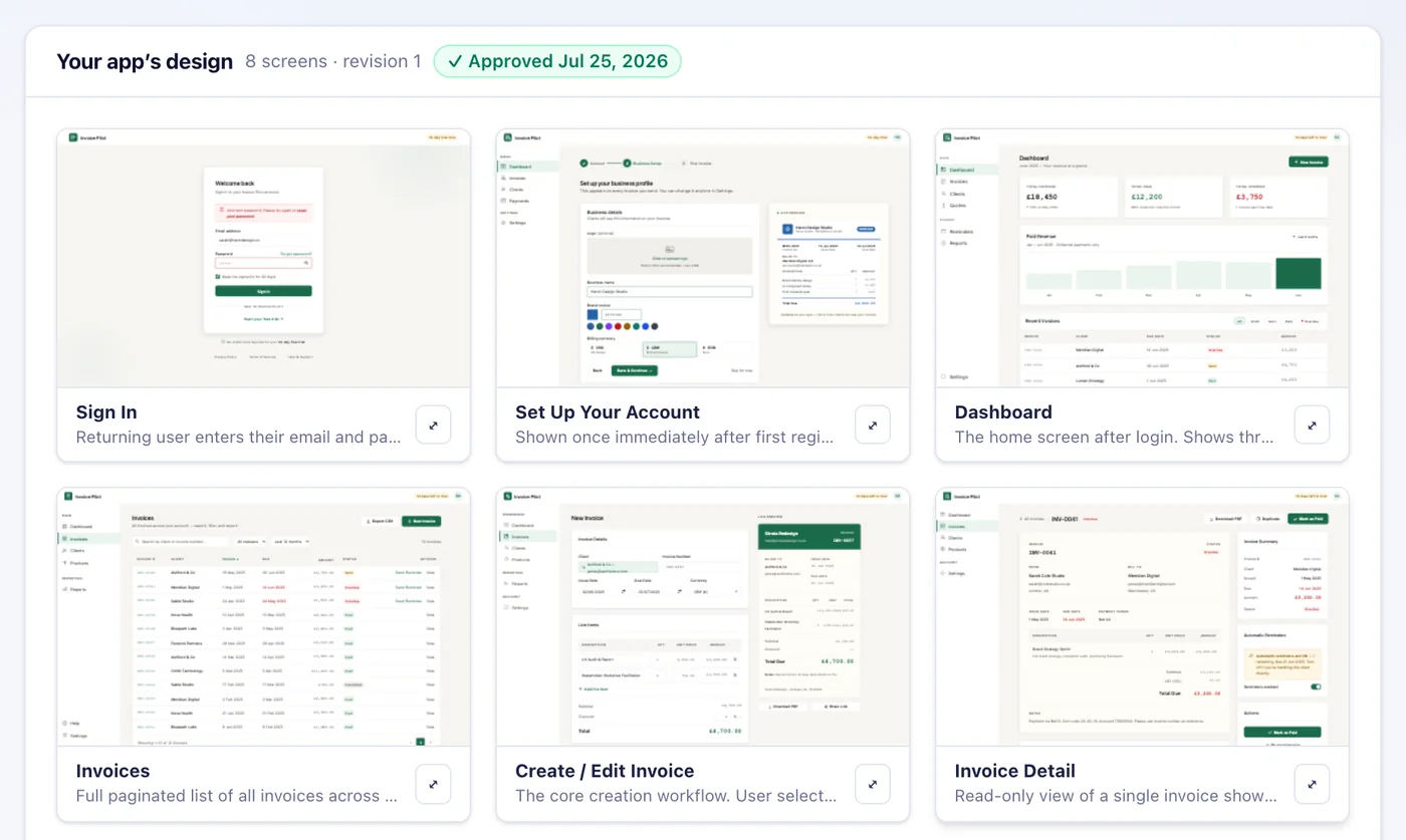 Eight screen designs for an invoicing app — sign in, account setup, dashboard, invoices, invoice editor and detail — marked approved