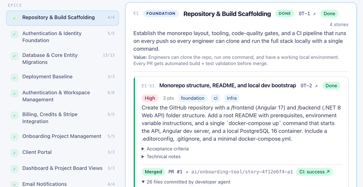 A delivered epic with every story done: a story linked to its Jira issue, merged as pull request #1 from a feature branch with CI passing