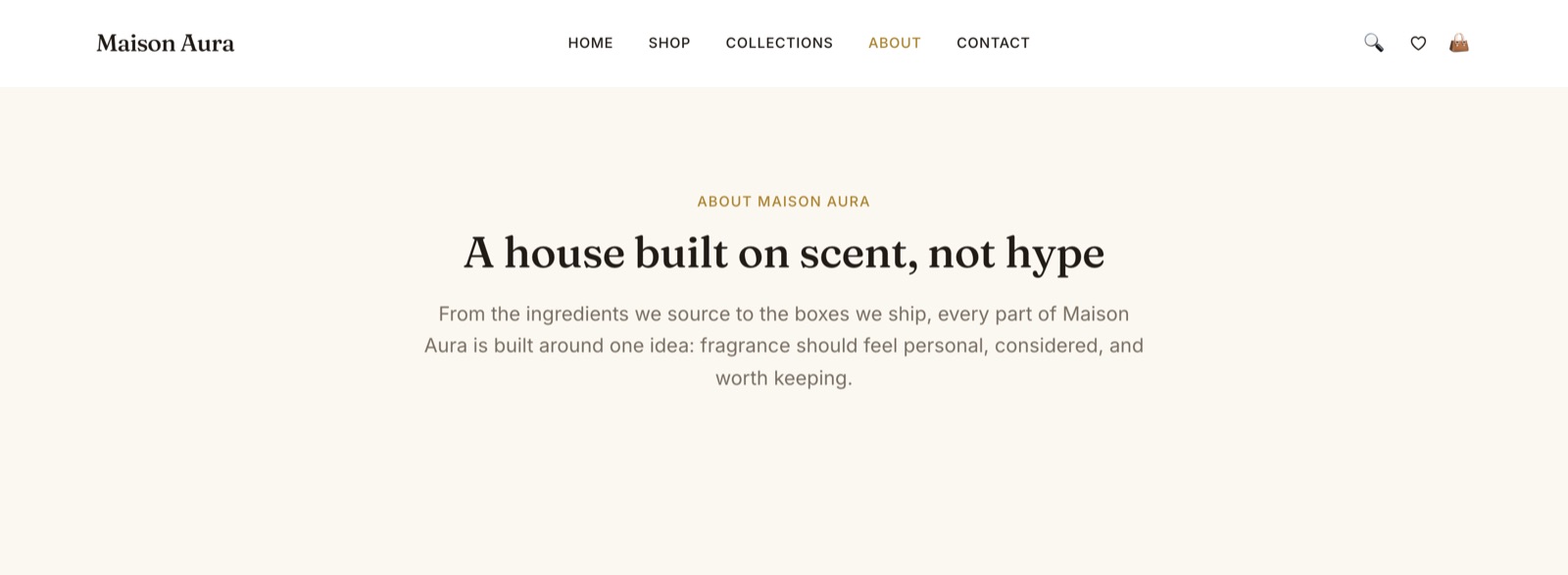 About page headline reading "A house built on scent, not hype".