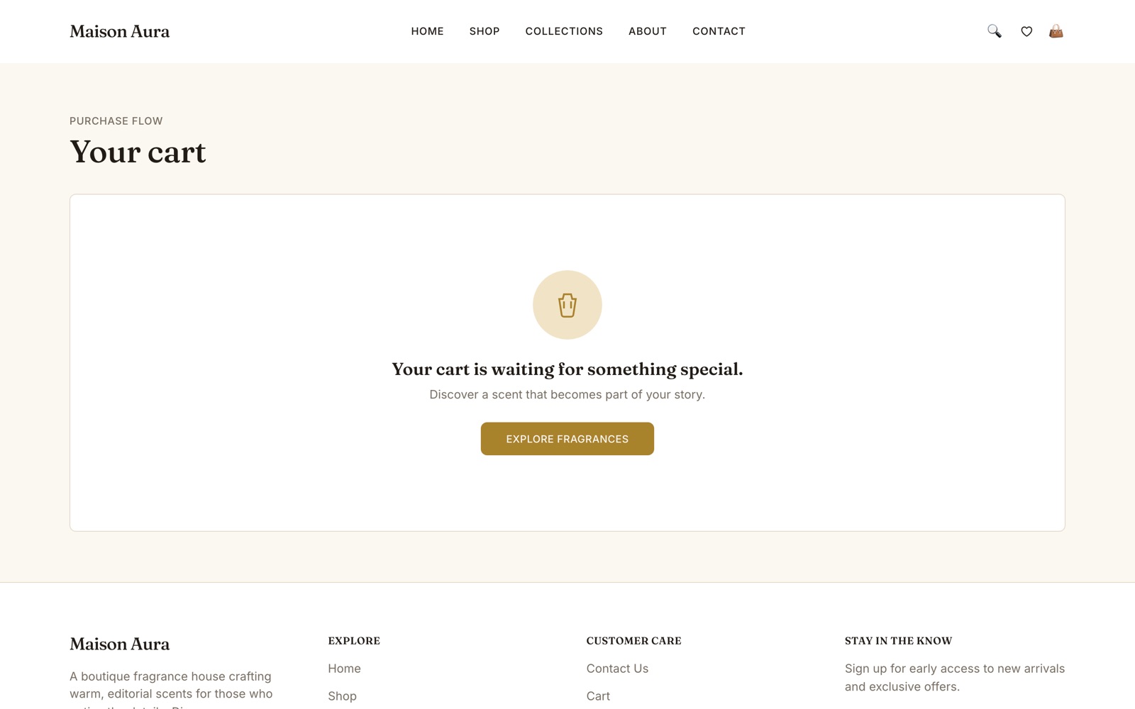 An empty cart page with an illustrated icon, the line "Your cart is waiting for something special", and a call to action.