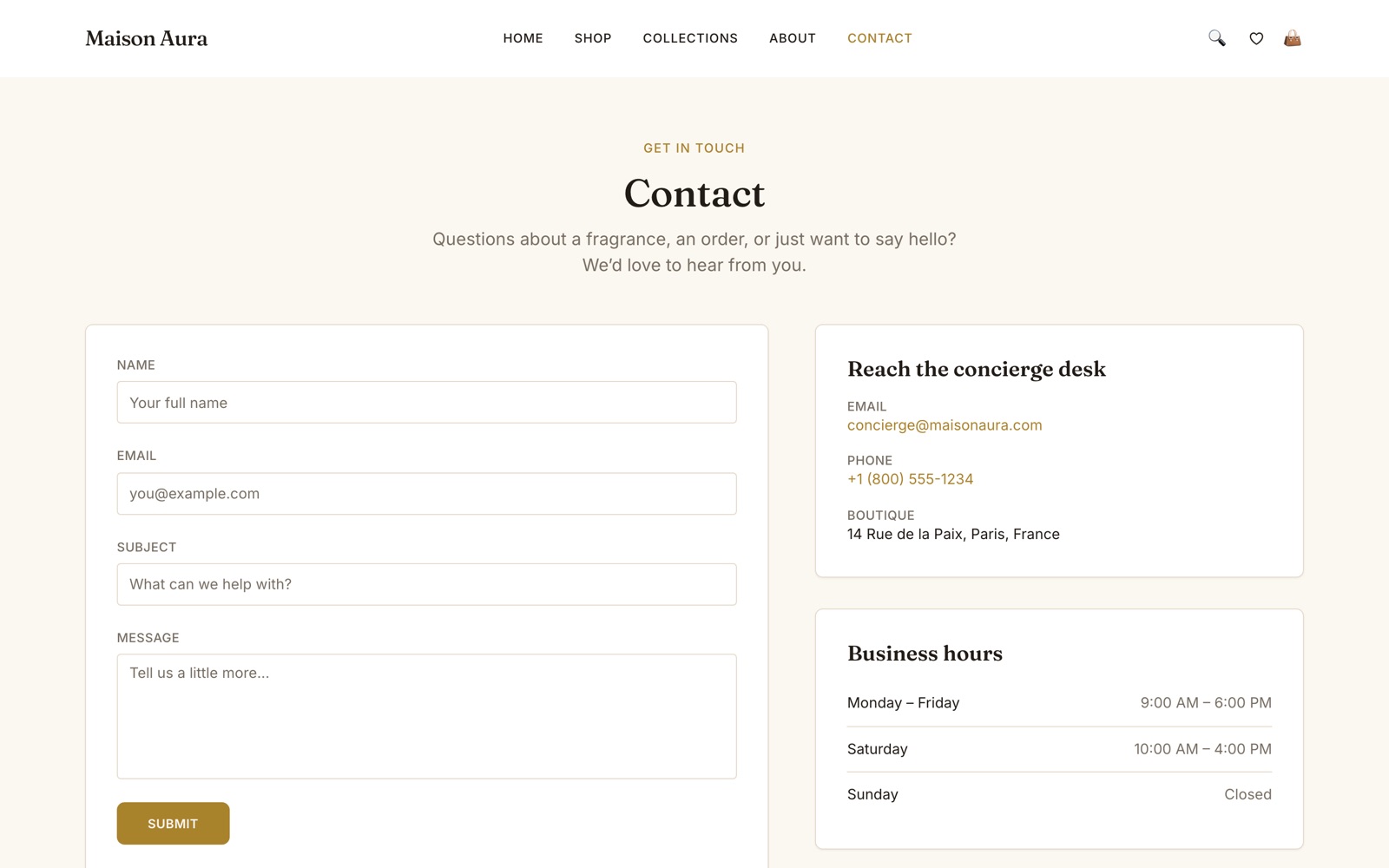 Contact page with a full enquiry form beside a concierge details card and a business-hours table.