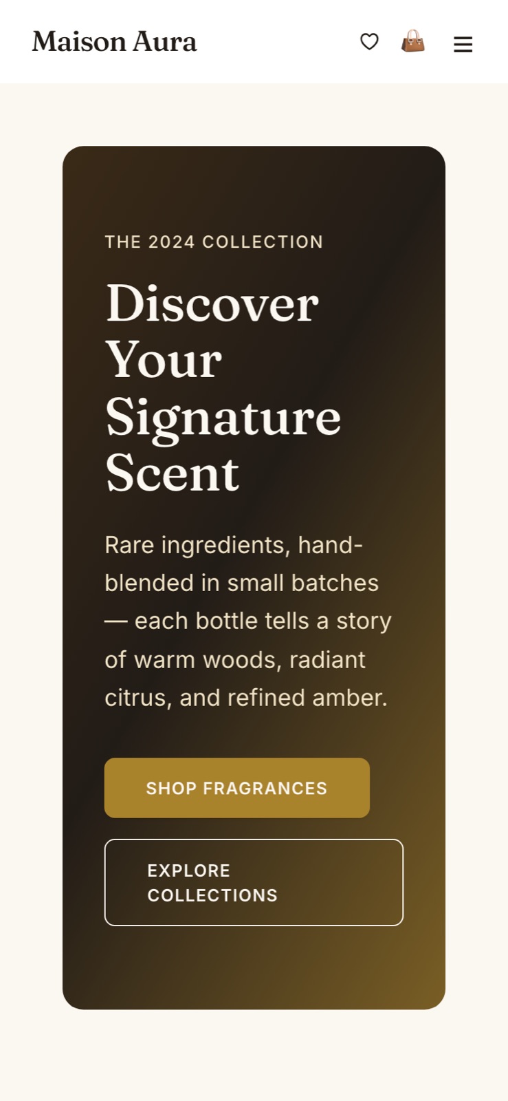 The Maison Aura home page on a phone, with a slide-in navigation button and the hero stacked for a narrow screen.